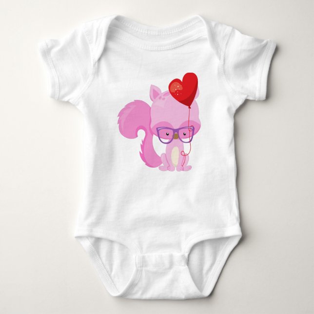 Valentine's Day Squirrel, Pink Squirrel, Glasses Baby Bodysuit (Front)