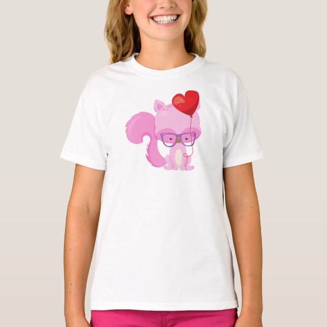 Valentine's Day Squirrel, Pink Squirrel, Glasses T-Shirt (Front)