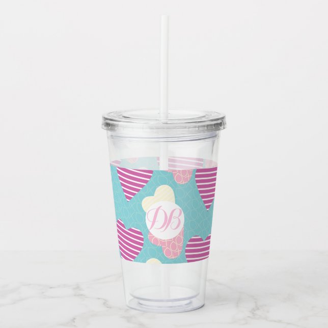 Valentines Day Striped Hearts Monogram Acrylic Tumbler (Front)