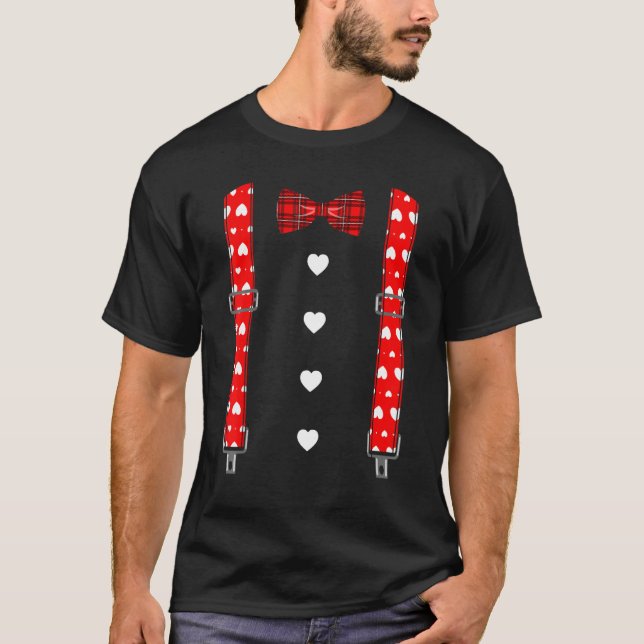 Valentine's Day Suspenders Hearts Bow Tie  Men Boy T-Shirt (Front)