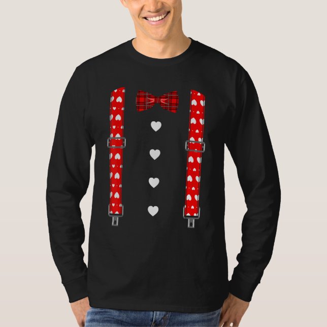 Valentine's Day Suspenders Hearts Bow Tie  Men Boy T-Shirt (Front)