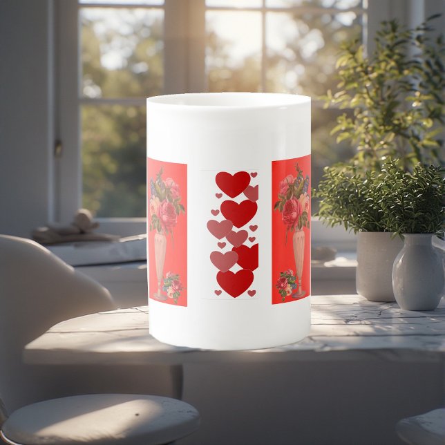 Valentines Day Sweeping Heart Romantic Roses Vase  Bone China Mug (Valentines Day Sweeping Heart Romantic Roses Vase Bone China Mug)