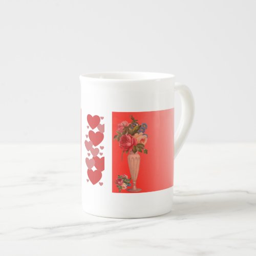 Valentines Day Sweeping Heart Romantic Roses Vase  Bone China Mug