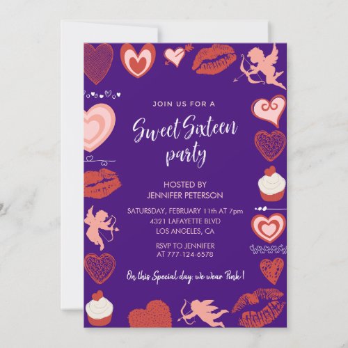 Valentines day sweet 16 invitation Purple February