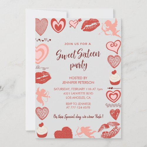 Valentines day sweet 16 invitation sweetheart grey