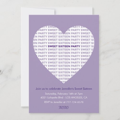 Valentines day sweet 16 invitation xoxo purple
