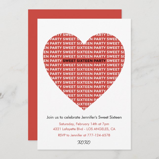 Valentines day sweet 16 invitation xoxo sweetheart (Front/Back)
