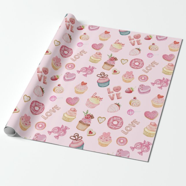 Valentine's Day Sweets and Cupcakes Pink Wrapping Paper (Unrolled)