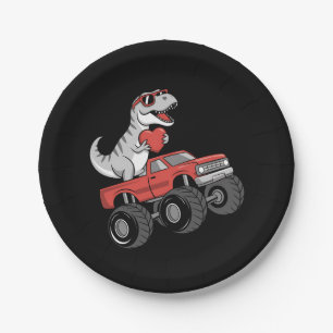 Valentine's Day T Rex Dinosaur Riding Monster Truc Paper Plates