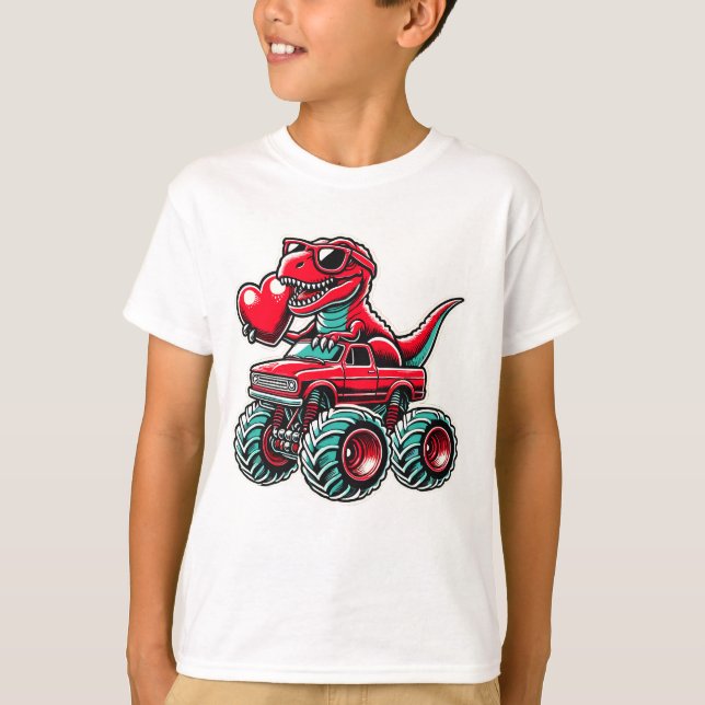 Valentines Day T Rex Riding Monster Truck Funny  T-Shirt (Front)