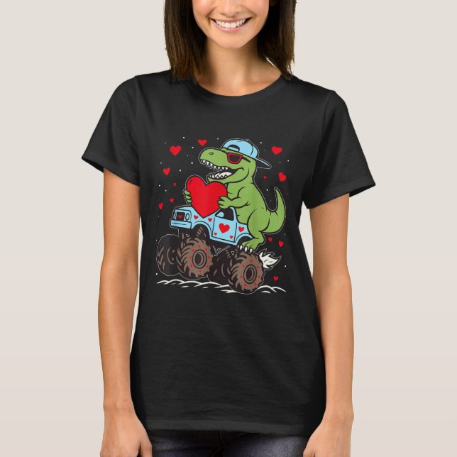 Valentines Day T Rex Riding Monster Truck Funny To T-Shirt (Front)