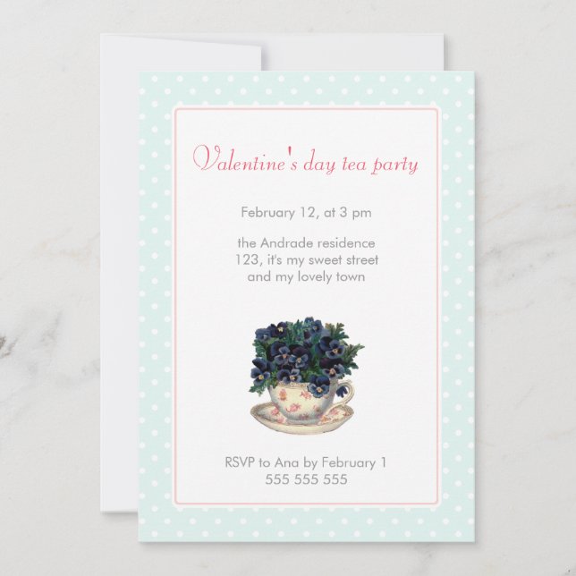 Valentines Day Tea Party Pink Blue Polka Dot Girly Invitation (Front)