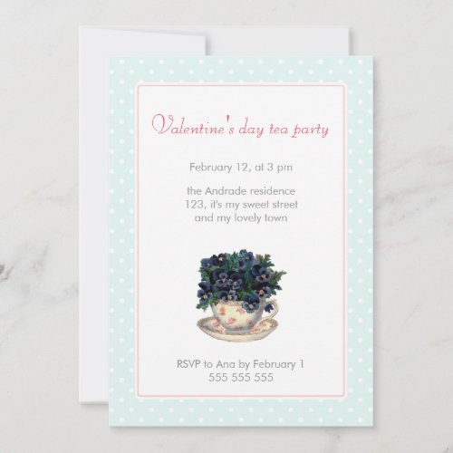 Valentines Day Tea Party Pink Blue Polka Dot Girly Invitation