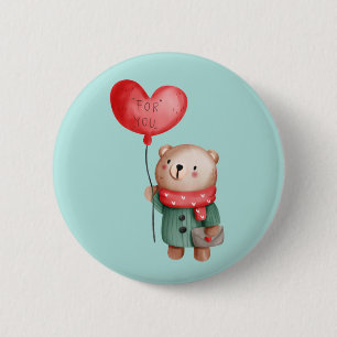 Valentine's Day teddy bear holding love balloon Button