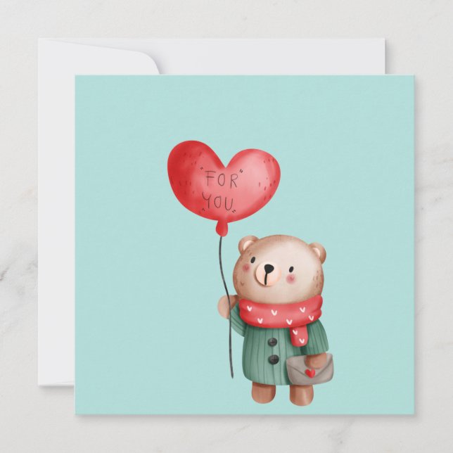 Valentine's Day teddy bear holding love balloon Ca Card (Front)