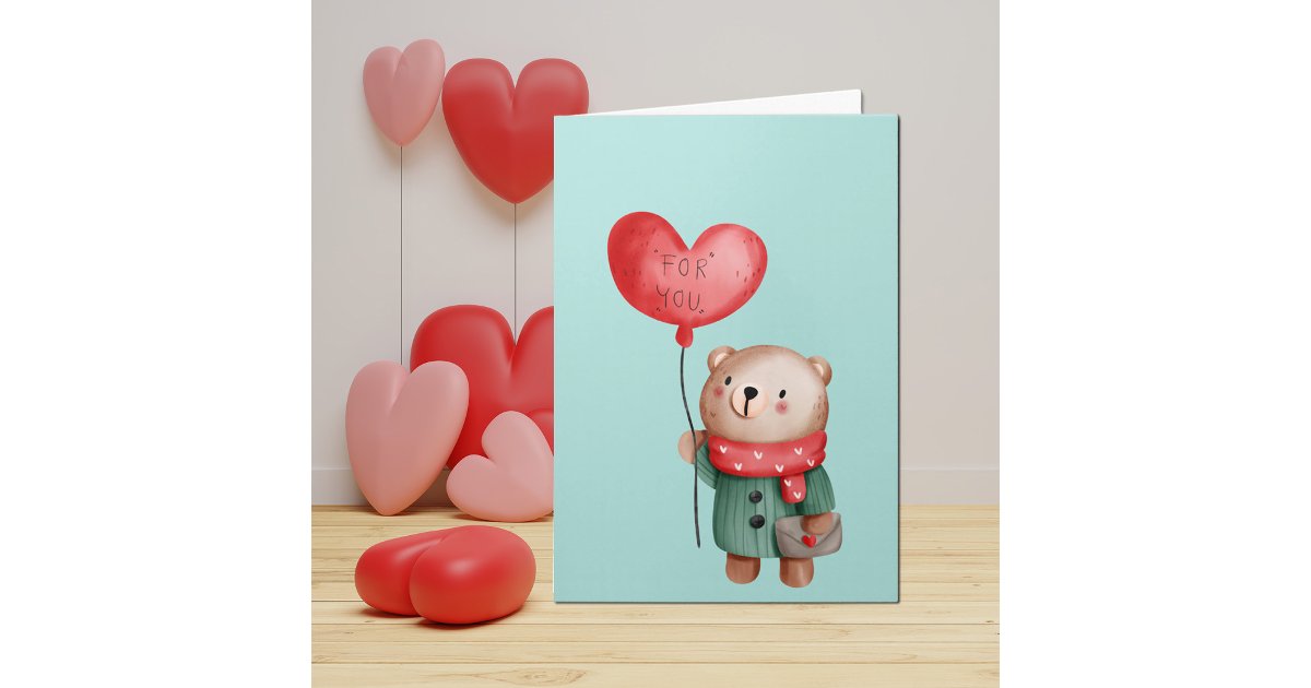 Valentine's Day teddy bear holding love balloon Card | Zazzle