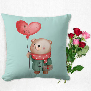 Valentine's Day teddy bear holding love balloon  Throw Pillow