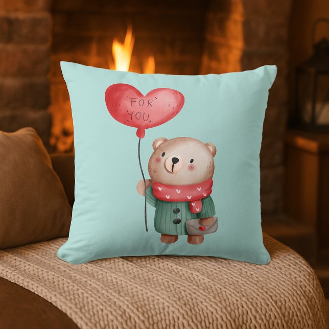 Valentine's Day teddy bear holding love balloon  Throw Pillow (Creator Uploaded)