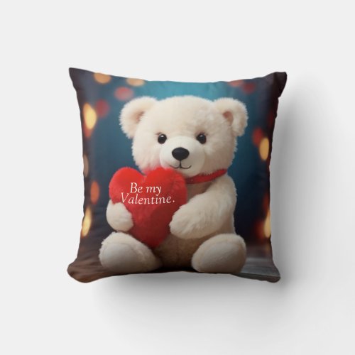 Valentines Day Teddy Bear Throw Pillow Blue