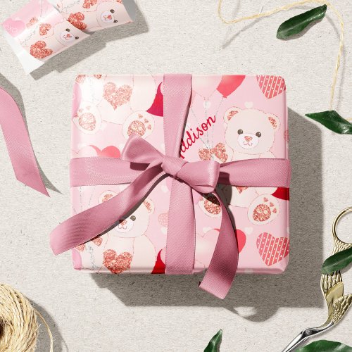 Valentines Day Teddy Bear XOXO Heart Pattern Wrapping Paper