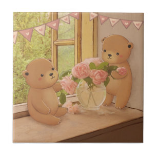 Valentine's Day: Teddy Bears & Flowers Ceramic Tile