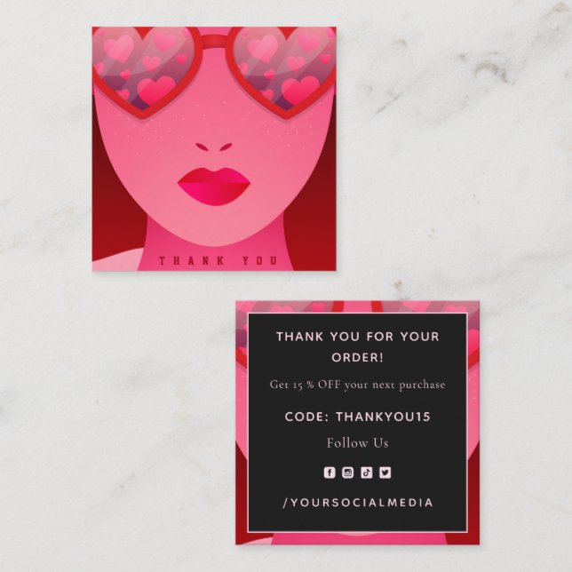 Valentine's Day Thank You Red Girl Heart Glasses Square Business Card (Front/Back)