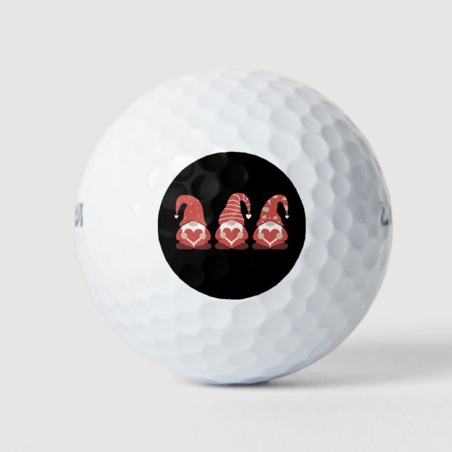 Valentine's Day Three Cute Gnomes Holding Heart Golf Balls (Front)