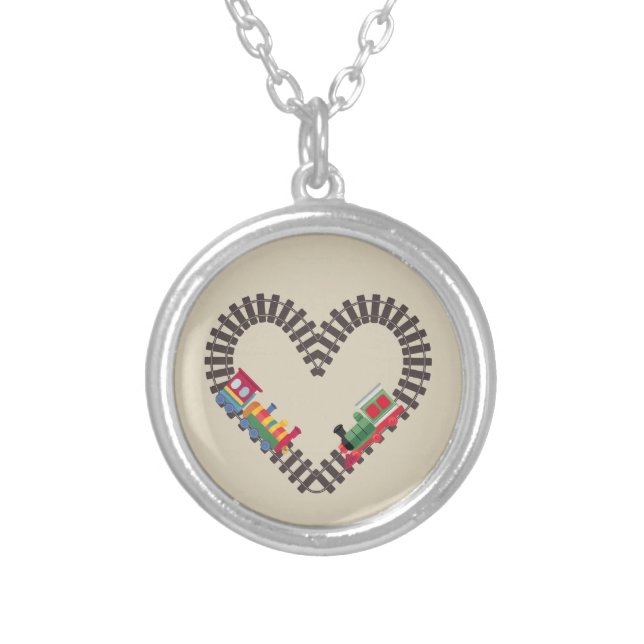 Valentines Day Train Railroad Heart  Silver Plated Necklace (Front)