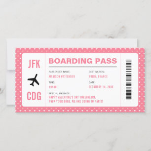 Valentines Day Travel Pink Flight Boarding Pass Holiday Card