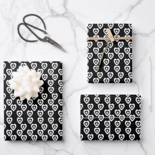 Valentines Day Triple Hearts All Black Pattern Wrapping Paper Sheets