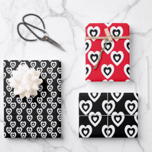 Valentines Day Triple Hearts Red and Black Pattern Wrapping Paper Sheets