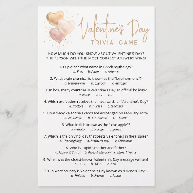 Valentine's day Trivia Game with Answers (Front)