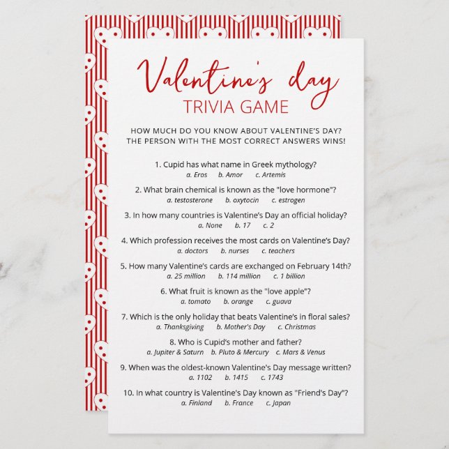 Valentine's day Trivia Game with Answers (Front/Back)