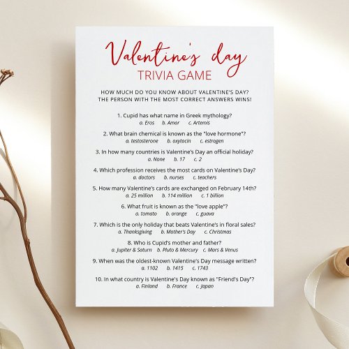 Valentines day Trivia with Answers Game Card