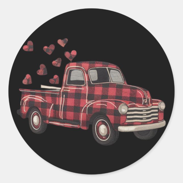 Valentine's Day Truck Funny Buffalo Plaid Leopard  Classic Round Sticker (Front)