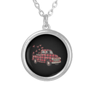 Valentine's Day Truck Funny Buffalo Plaid Leopard  Silver Plated Necklace
