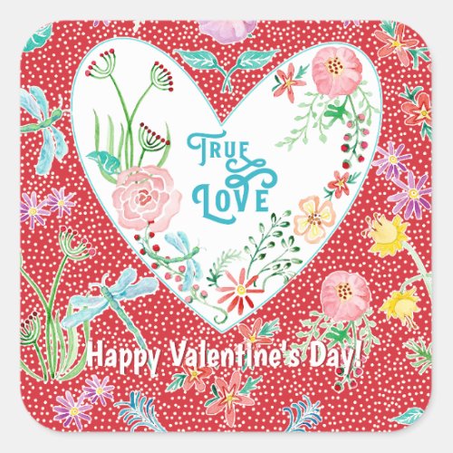Valentines Day True Love Hearts n Flowers Party  Square Sticker