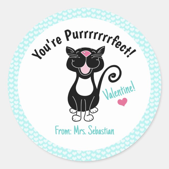 Valentine's Day Tuxedo Cat You're Purrfect Kids Classic Round Sticker (Front)
