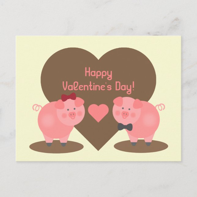 Valentine's Day - Two Pigs in Mud Puddles & Hearts Holiday Postcard (Front)