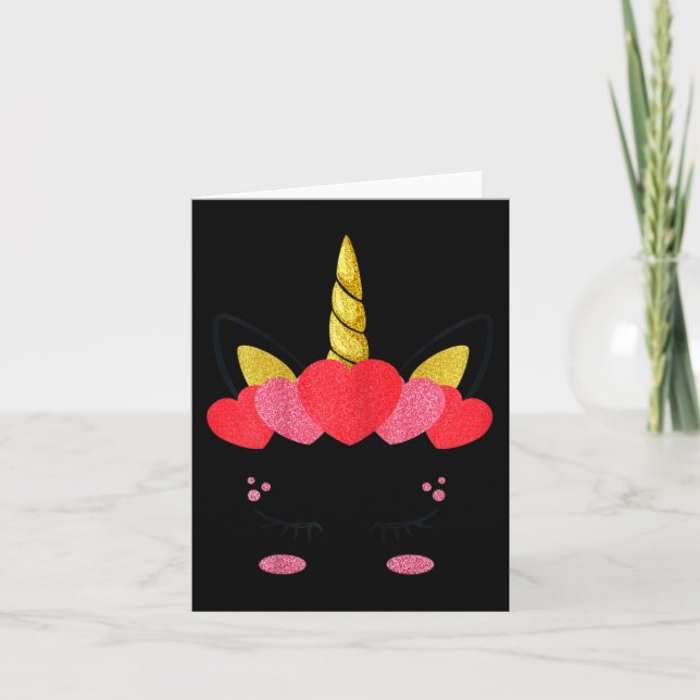 Valentines Day Unicorn Face Hearts Cute Girls Kids Card (Front)
