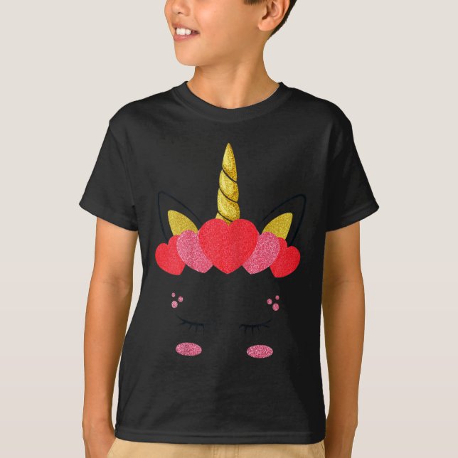 Valentines Day Unicorn Face Hearts Cute Girls Kids T-Shirt (Front)
