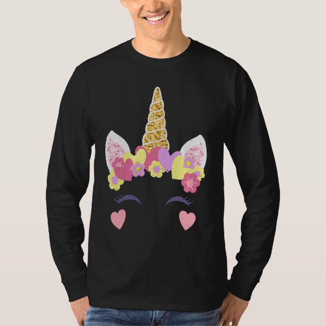 Valentine's Day Unicorn Face Hearts Cute Matching  T-Shirt (Front)