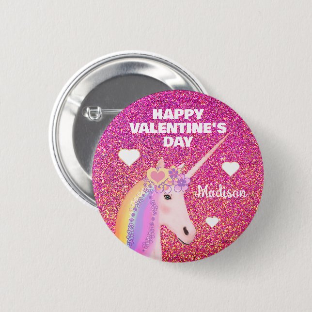 Valentines Day Unicorn Pink Glitter Personalized Button (Front & Back)