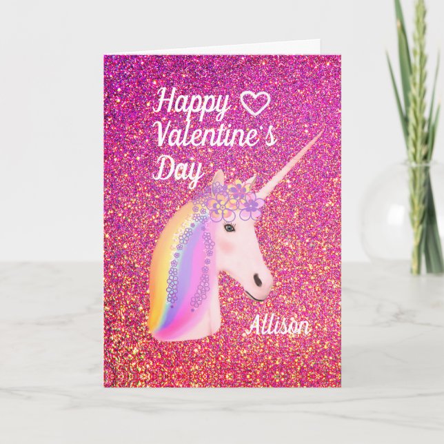 Valentines Day Unicorn Pink Glitter Personalized Holiday Card (Front)