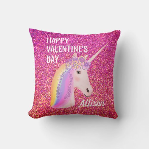 Valentines Day Unicorn Pink Glitter Personalized Throw Pillow