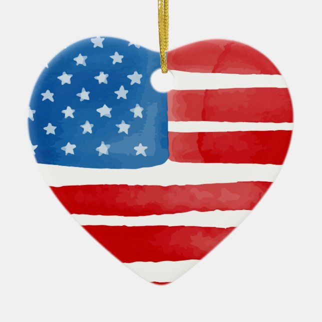 Valentines Day US American Flag Heart Patriotic Ceramic Ornament (Front)