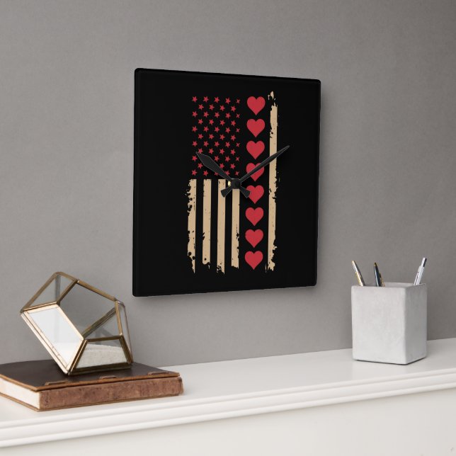 Valentine's Day US Flag Hearts  Square Wall Clock (Office)