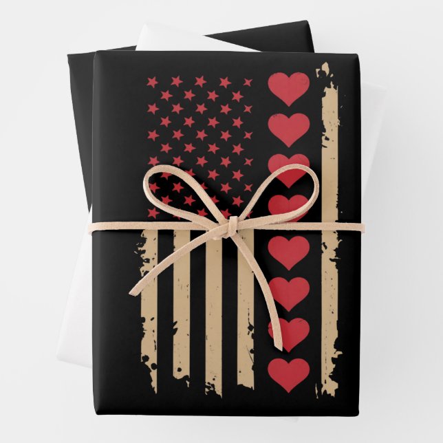 Valentine's Day US Flag Hearts  Wrapping Paper Sheets (In situ)