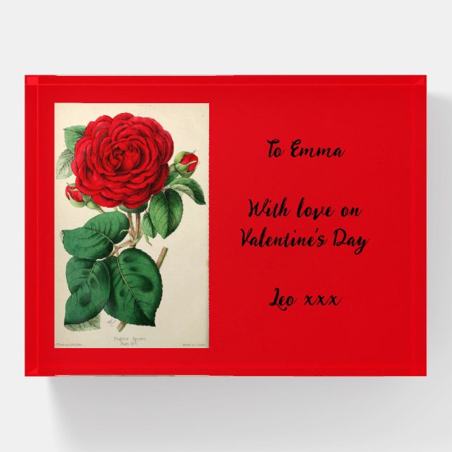 Valentine's Day Vintage Art Red Rose Personalized Paperweight (Front)