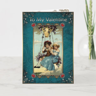Valentine's Day Vintage.Boy and Girl in a balloon. Holiday Card